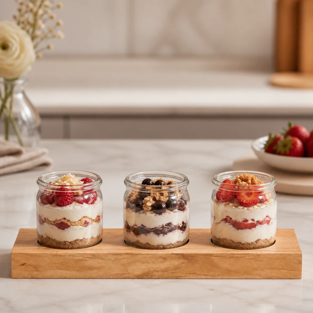 Plano3 serveerplank met drie WECK potten gevuld met yoghurtdesserts en bessen op een marmeren aanrecht