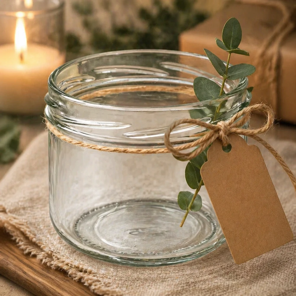 260ml beker zonder deksel (TO82) UNiTWIST UNiTWIST Sturz260 ronde pot 260ml TO82 inmaakpot leeg met jute lint label en eucalyptus decoratie