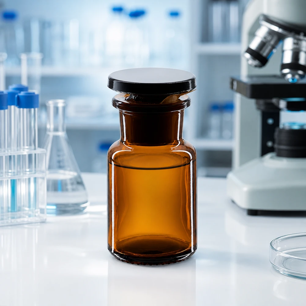 Apothekersfles 50 ml wijde hals bruin glas incl. glazen stop Bruine rondschouderfles van 50 ml met brede hals en stop, voor chemicaliën en reagentia