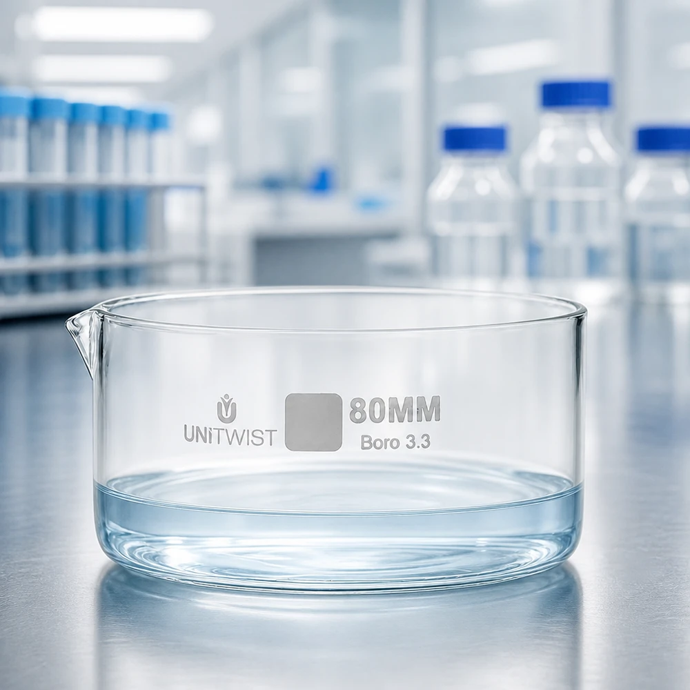 Kristalliseer schaal ø80mm borosilicaatglas UNiTWIST Vlakke glazen schaal 80 mm UNiTWIST met helder water, laboratoriumborosilicaatglas, zijaanzicht