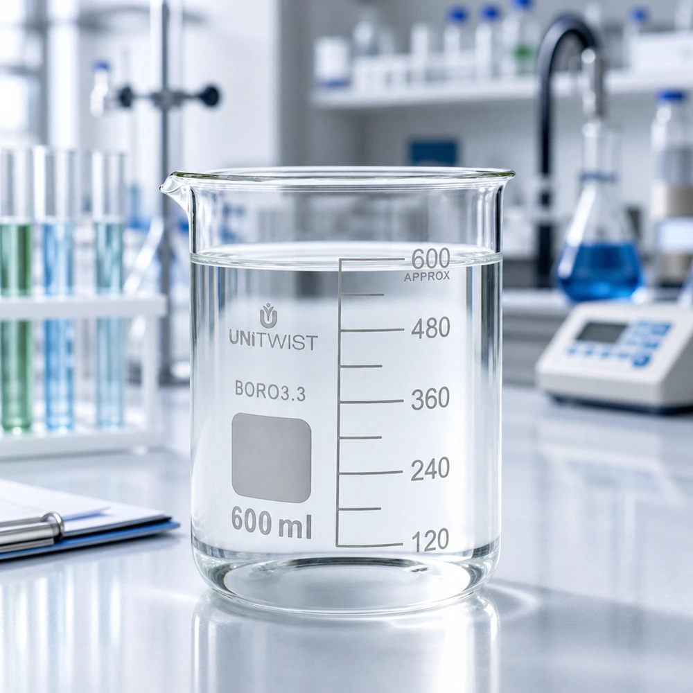 Laboratoriumglas met stevige handgreep, 600 ml, lage handgreepvorm, UNiTWIST, borosilicaatglas, met schenktuit