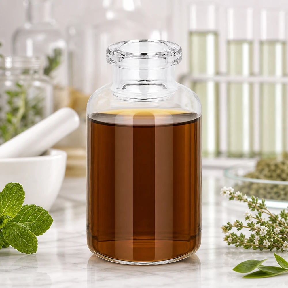 Injectiefles helder glas 20ml Injektionsflasche 20ml Klarglas mit dunkelbraunem Pflanzenextrakt und Minze Thymian Dekoration