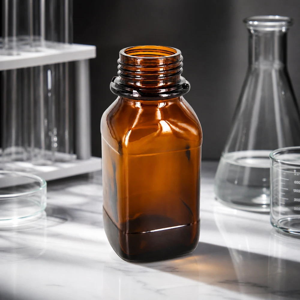 250 ml vierkante fles met wijde hals bruin glas met DIN 45 krans Brede halsfles van 250 ml van laboratoriumglas voor nauwkeurig doseren en doseren van chemicaliën