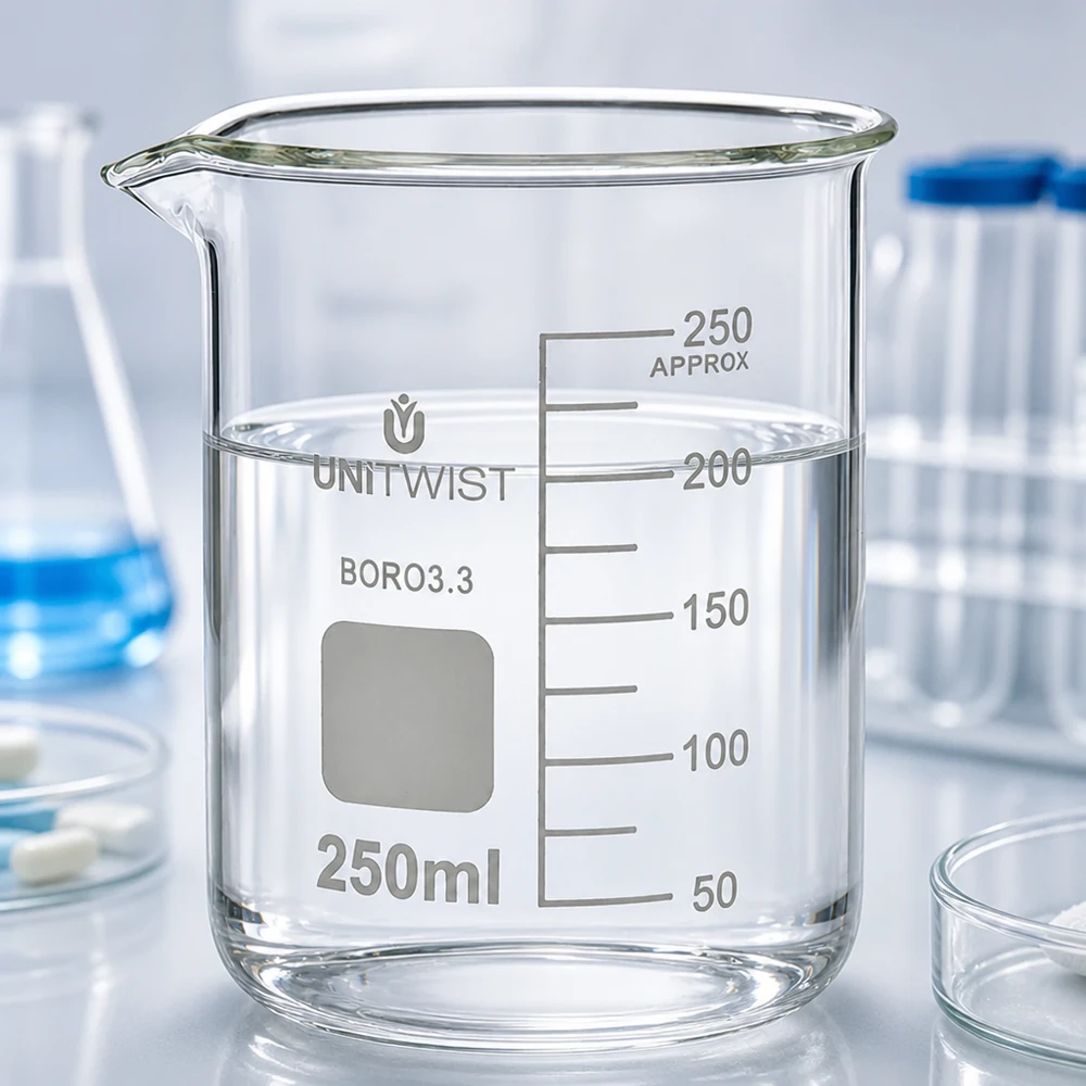 Doorzichtig, hittebestendig bekerglas van 250 ml, BORO 3.3, lage vorm, voor chemische laboratoriumtoepassingen