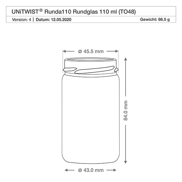 110ml rond glas zonder deksel (TO48) UNiTWIST Technische tekening UNiTWIST Runda110 rond glas 110ml TO48 met afmetingen 45,5mm diameter en 84mm hoogte