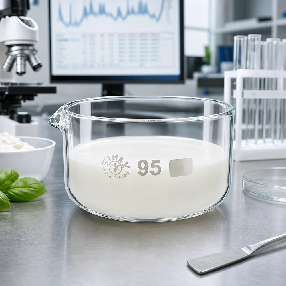 Doorzichtige kristallisatieschaal gevuld met wit poeder, 300 ml, laboratoriumglaswerk, ø 95 mm, SIMAX