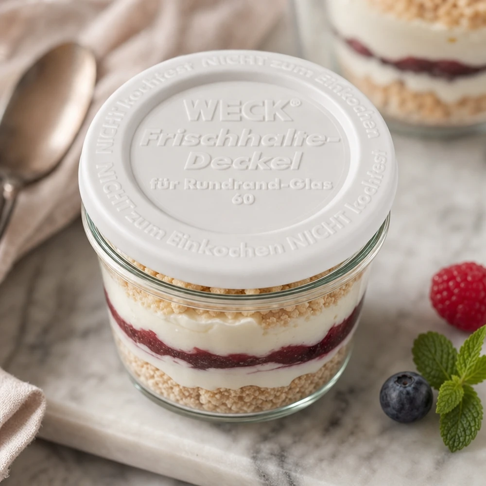 WECK vershoudend deksel RR60 WECK Frischhaltedeckel RR60 Dessertglas Schichtdessert Tiramisu Beeren Mint dekorative Präsentation Küchenstil