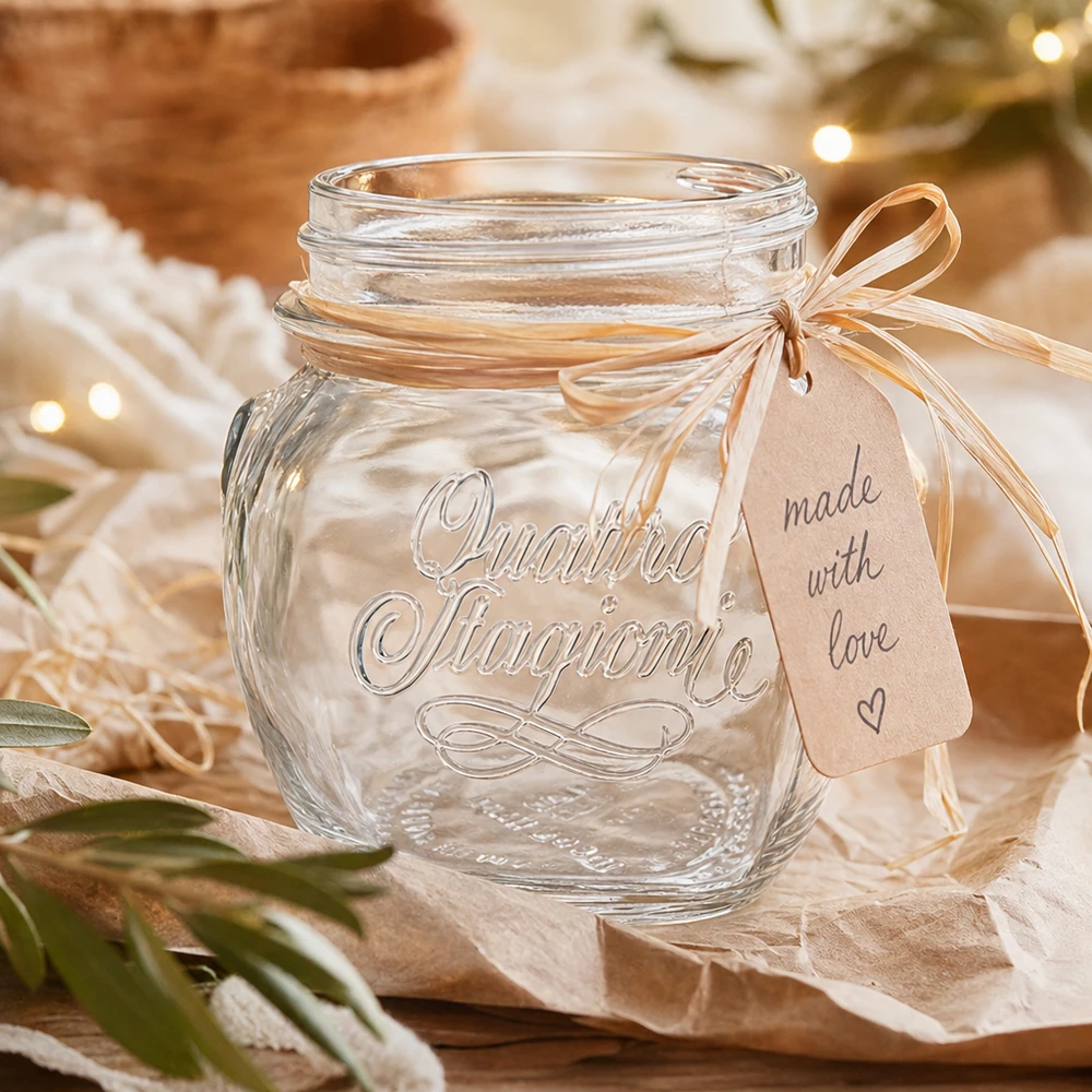 300ml huishoudglas "Quattro Stagioni" 300ml Quattro Stagioni huishoudpot met deksel en strik als cadeauverpakking op een houten tafel