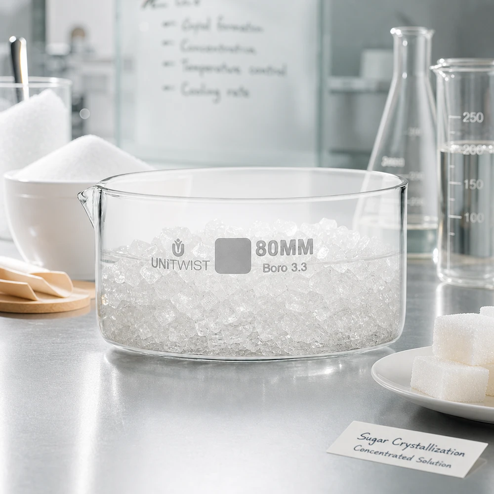 UNiTWIST kristallisatieschaal ø80 mm, borosilicaatglas, gevuld met witte zoutkristallen
