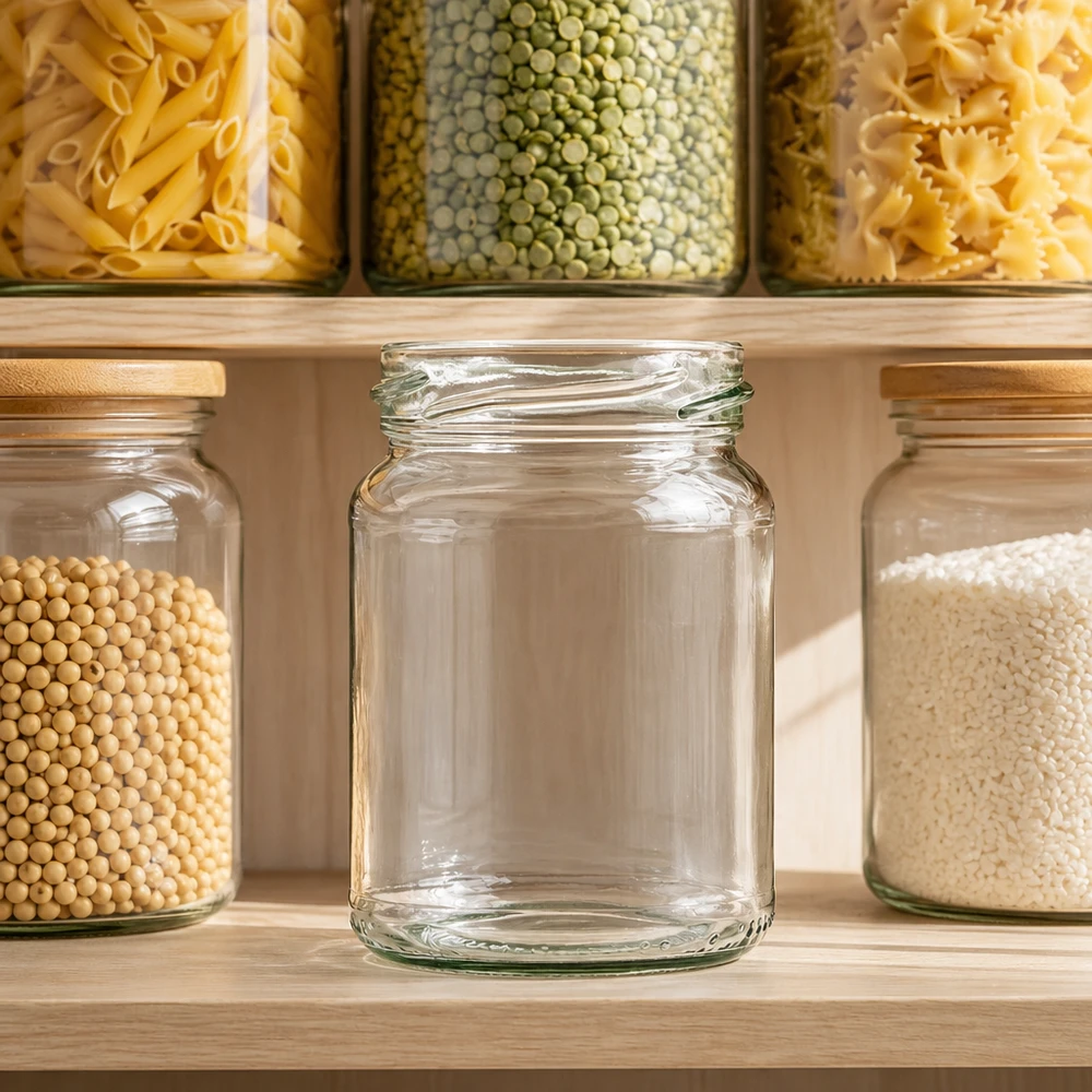 UNiTWIST Runda205 ronde pot 205ml TO58 lege inmaakpot in keuken met gevulde voorraadpotten pasta linzen rijst