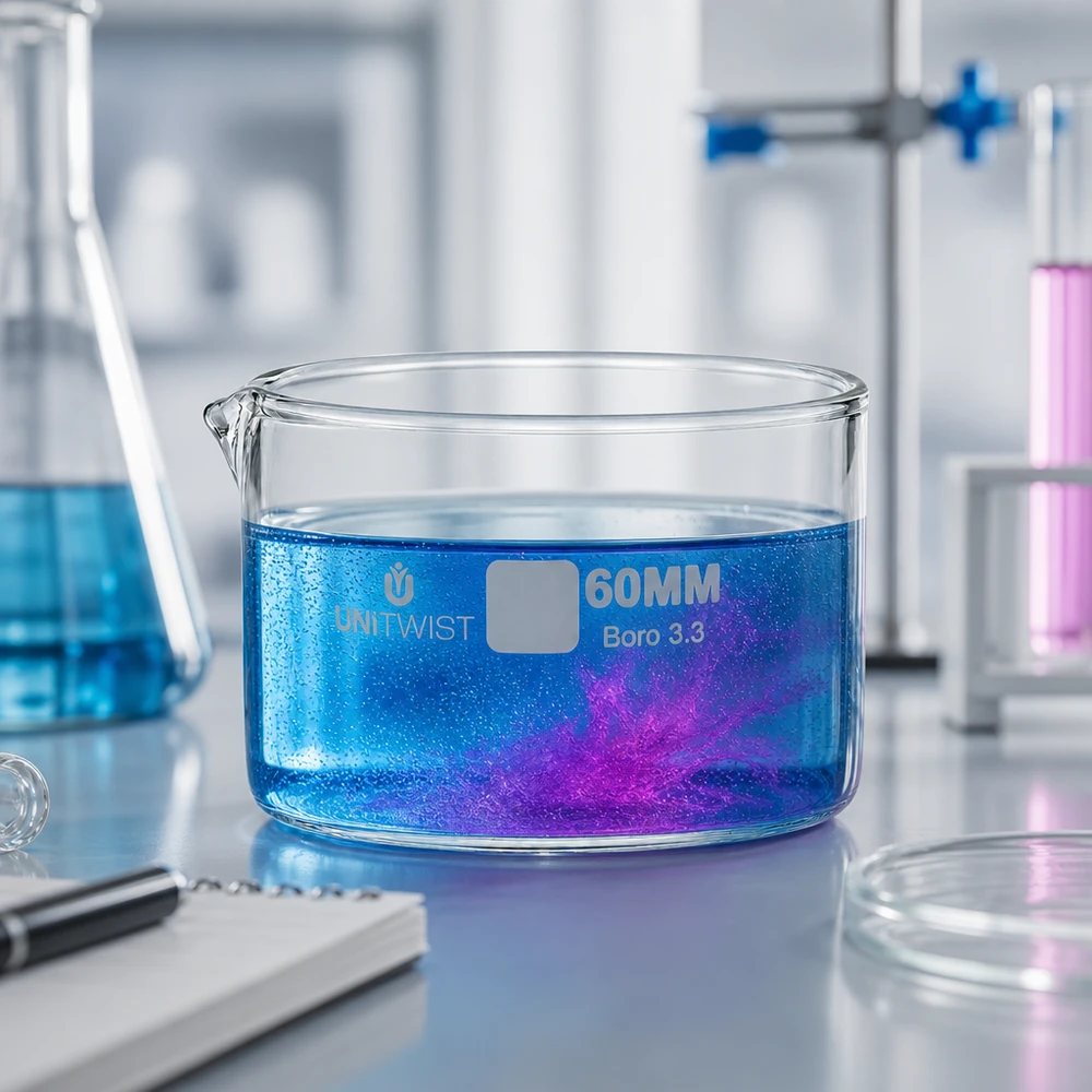 Kristalliseer schaal ø60mm borosilicaatglas UNiTWIST Vlakke laboratoriumschaal UNiTWIST Boro 3.3 met blauwe vloeistof en paarse strepen – detailbeeld