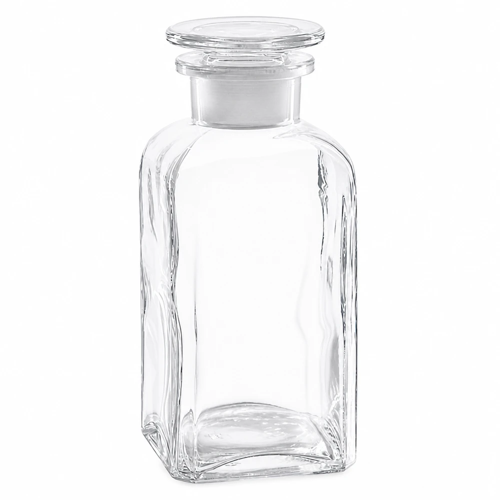 Vierkant-apothekersfles 350 ml wijde hals helder glas incl. glazen stop Doorzichtige voorraadfles van 350 ml, vierkant, met een brede hals en luchtdicht afgesloten