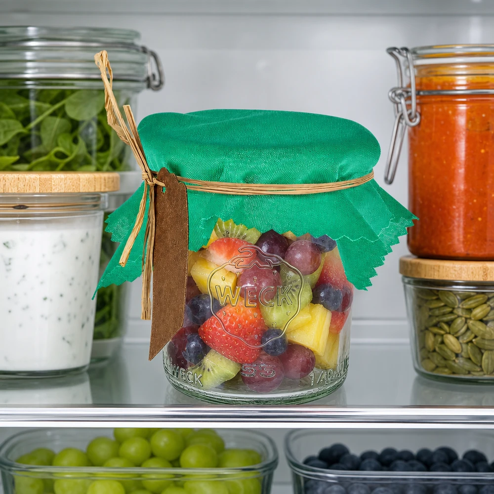 Groene stoffen decoratieve doily 12cm vierkant op fruitsaladepot in de koelkast tussen bewaarbakjes
