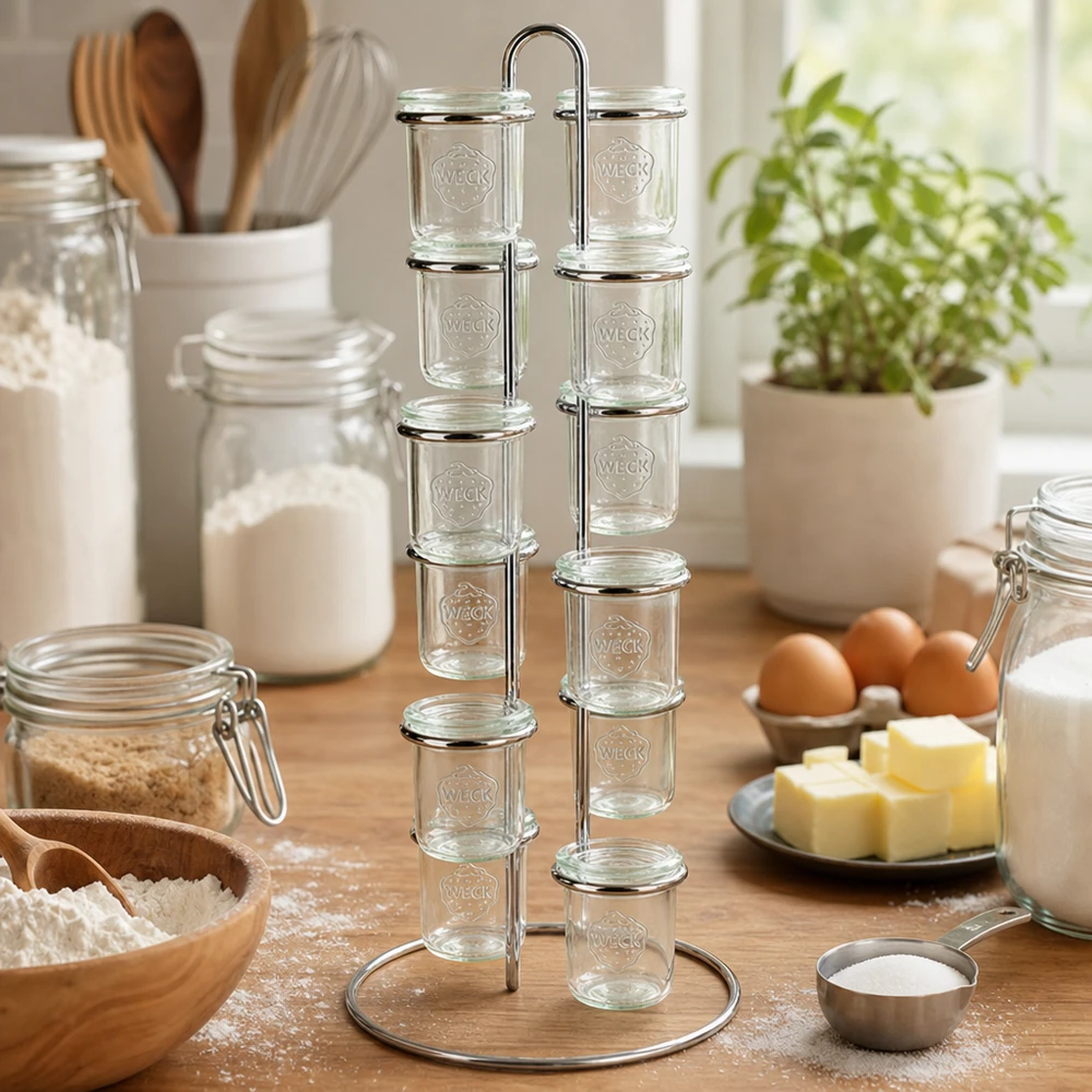 Serveerrek Vertico12 voor 12 WECK stortglas Backzutaten-Organisation mit WECK Vertico12 Gestell umgeben von Mehl Eiern Butter in heller Küche zeigt Backvorbereitung