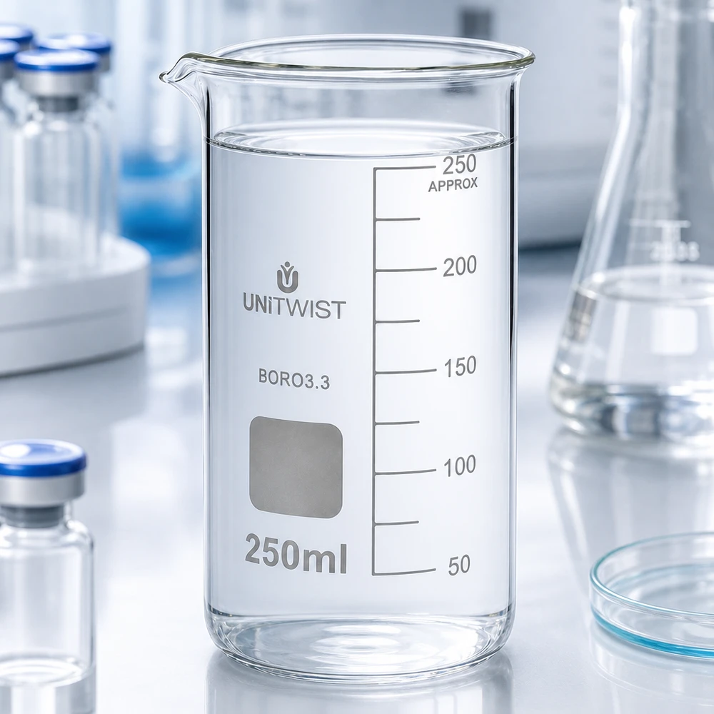 Beker 250ml borosilicaat, hoge vorm UNITWIST Doorzichtig bekerglas, hoge vorm, 250 ml, borosilicaat, UNITWIST, naast Erlenmeyer-kolven en flacons