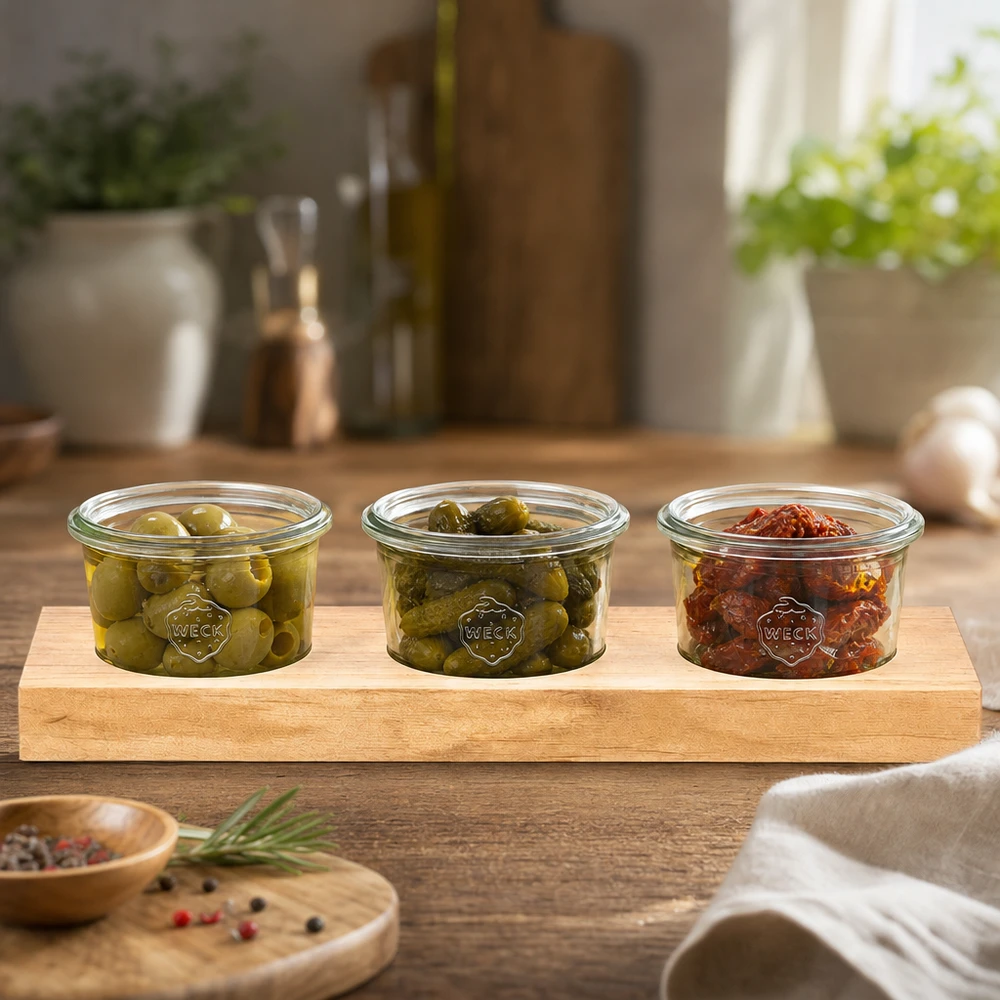 Serveerplank Plano3 met 3 Weck-glazen van 80 ml Stijlvolle houten serveerplank met 3 Weck potten gevuld met olijven en zongedroogde tomaten in een moderne keuken