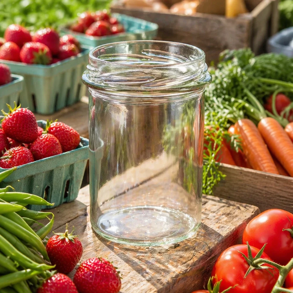 UNiTWIST Sturz230 tumblers 230ml TO66 lege inmaakpot op houten plank omringd door verse aardbeien tomaten wortelen
