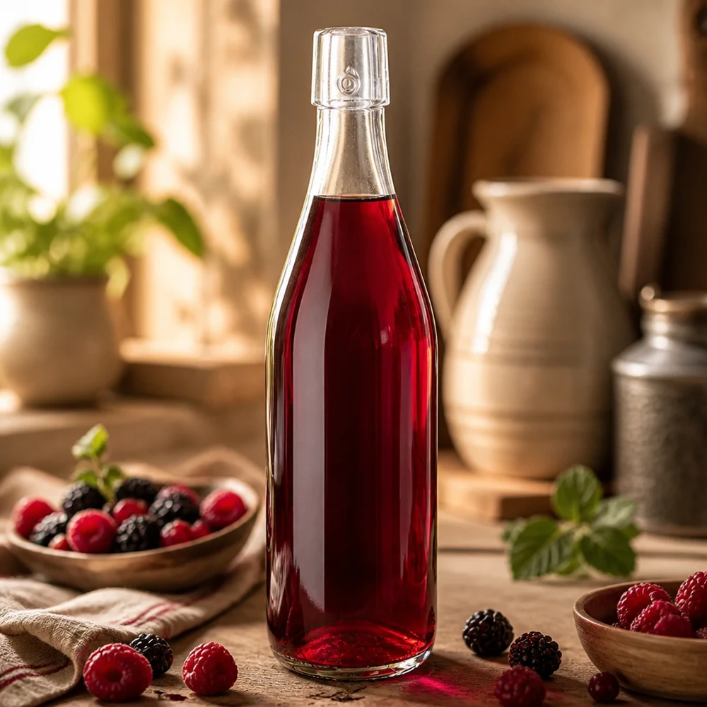 500 ml UNiTWIST glazen fles gevuld met rode bessensap als lifestyle toepassing in een rustieke keuken