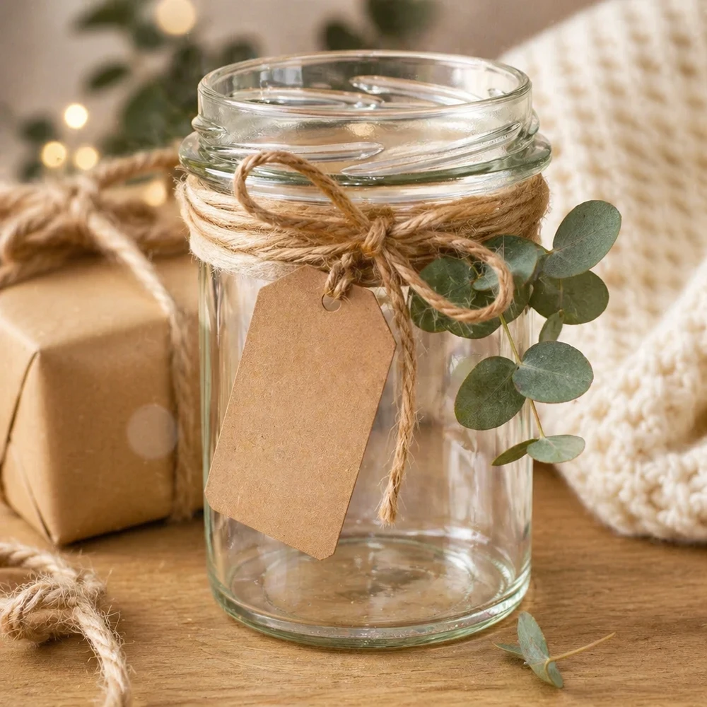 Lege bekers 230ml TO66 gedecoreerd met jute koord en eucalyptus op houten tafel