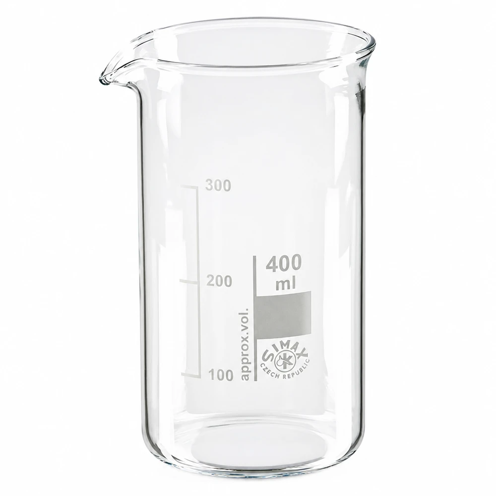 Bekerglas 400 ml van hittebestendig borosilicaatglas (hoog model) SIMAX-beker, hoog model, 400 ml, borosilicaatglas, met schenktuit en witte schaalverdeling