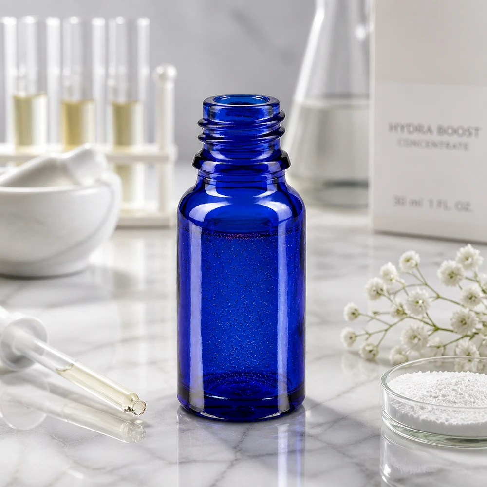 Professionele blauwe glazen fles 10ml ApoGlas met precieze vulhoeveelheid voor apotheken