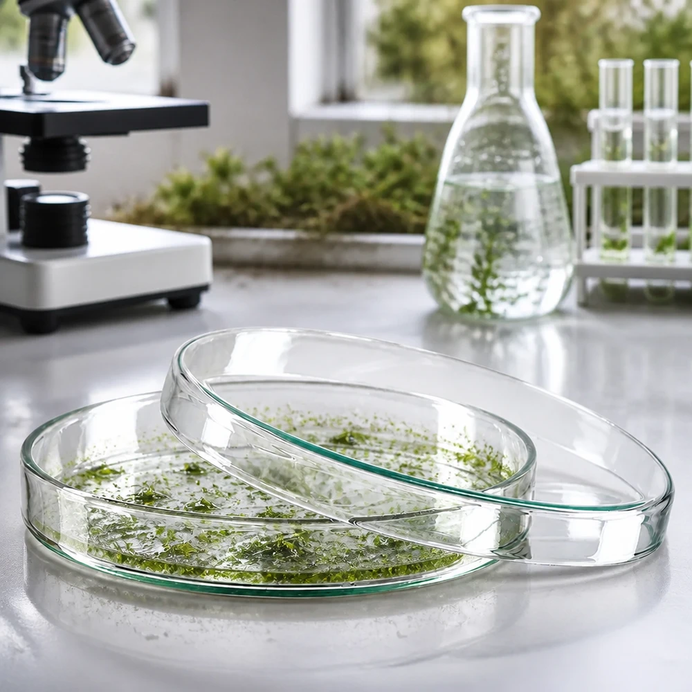 Glazen laboratoriumpetrischalen van 120 x 20 mm voor plantenweefselculturen, met microscoop en reageerbuisjes