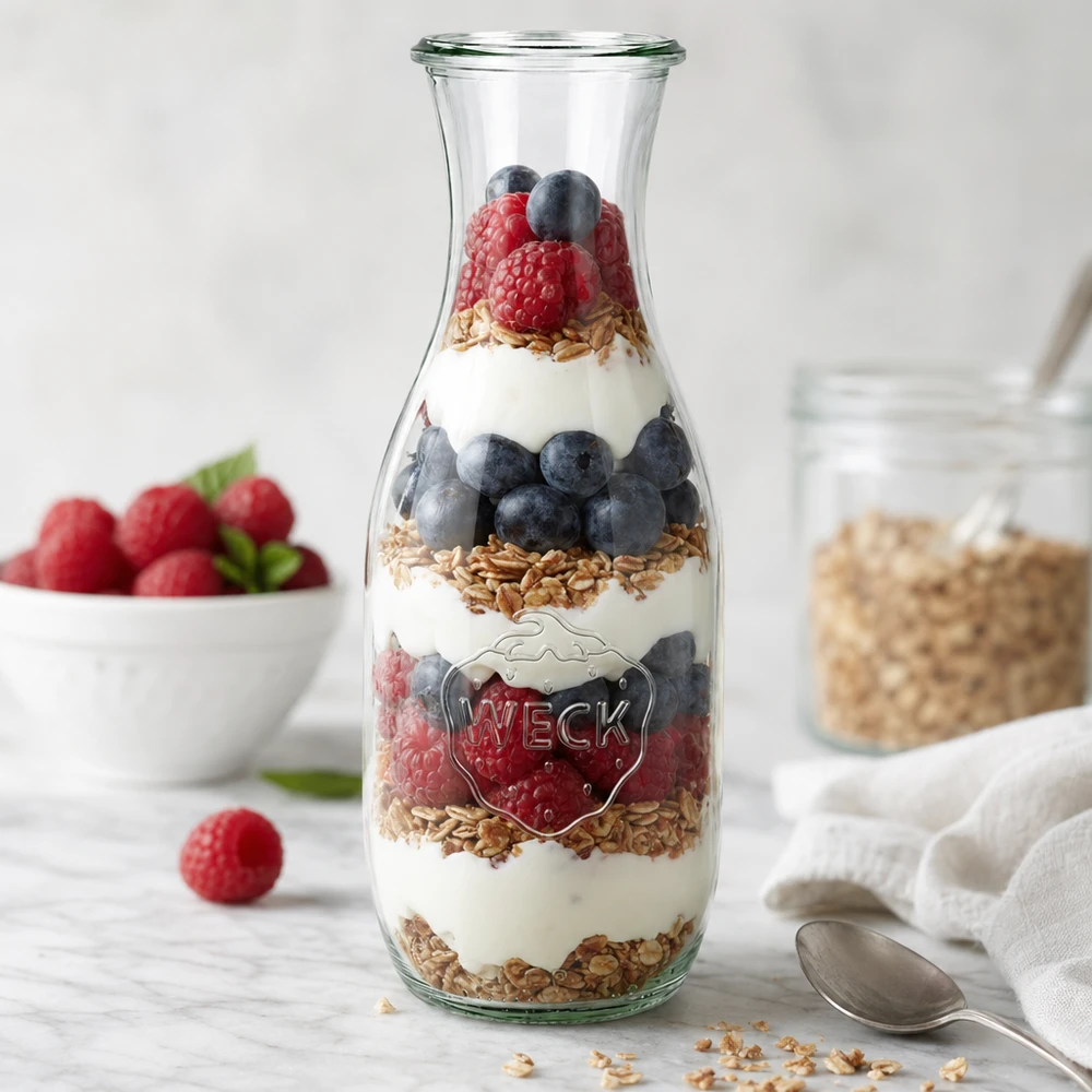 WECK RR60 sapfles van 1062 ml WECK sapfles 1062ml RR60 als parfait pot met yoghurt bessen granola gelaagd naast lepel en fruit
