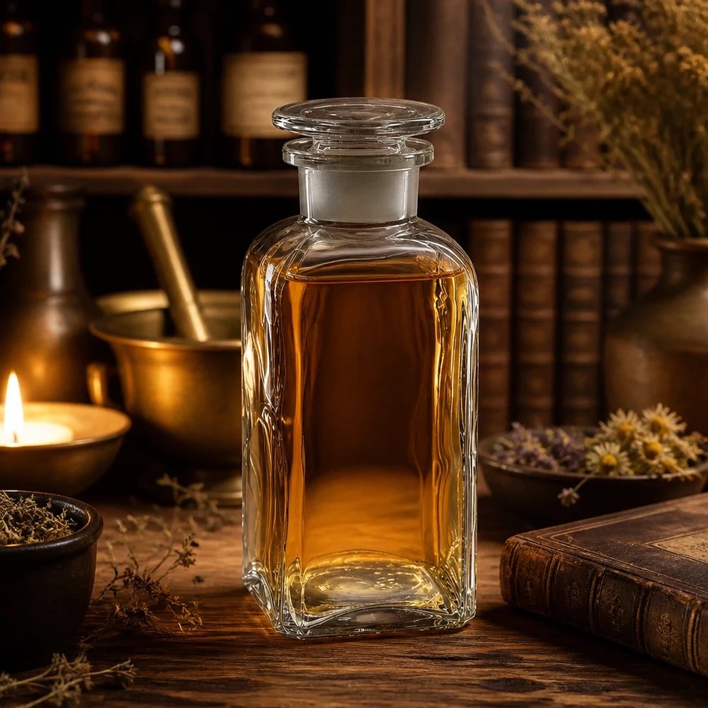 Vierkant-apothekersfles 350 ml wijde hals helder glas incl. glazen stop Vierkante apothekersfles van 350 ml, transparant, voor etherische oliën, met glazen stop