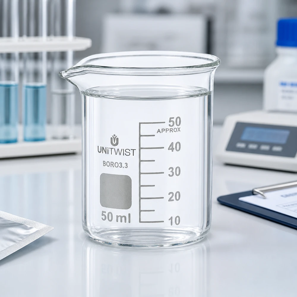 UNiTWIST BORO 3.3 bekerglas 50 ml laboratoriumuitrusting met weegschaal en klembord op de achtergrond