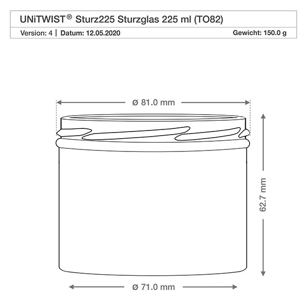 UNiTWIST tuimelaars 225ml TO82 technische tekening met afmetingen 81mm diameter 62,7mm hoogte bewaren pot