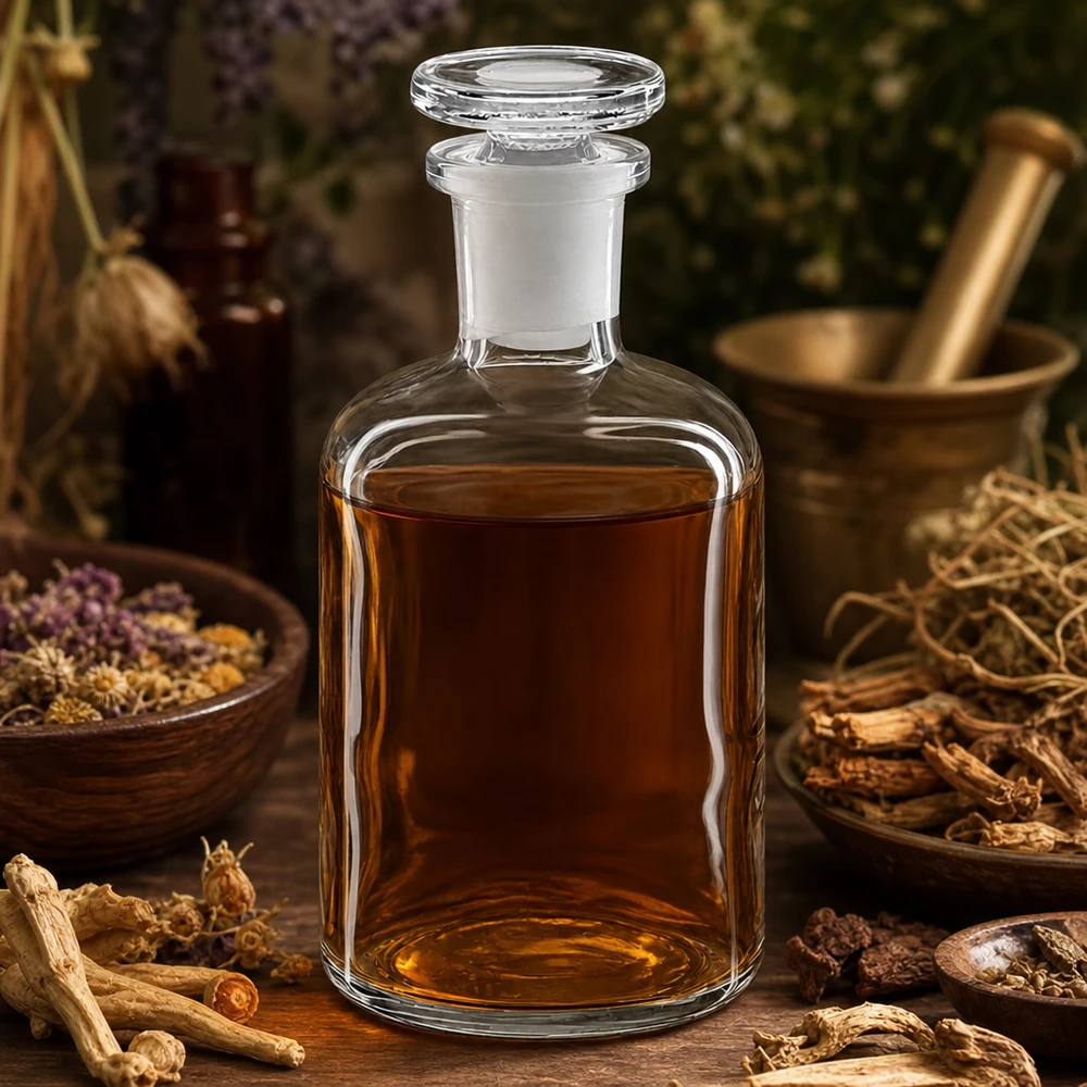 Apothekersfles 100 ml nauwe hals helder glas incl. glazen stop Medisch glas 100 ml, helder, smalle hals, met glazen stop, voor vijzel en geneeskrachtige planten, sfeervol