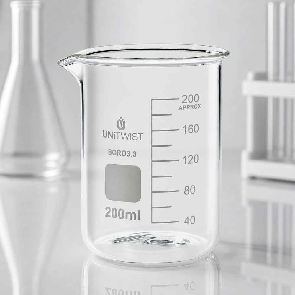 Doorzichtig bekerglas van 200 ml, borosilicaat 3.3, laag model, naast een Erlenmeyer-kolf in het laboratorium