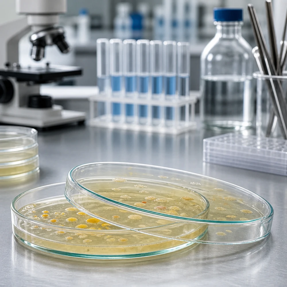 Petrischaal van glas, 120 x 20 mm, voor celkweek en microbiologie, met agar waarop cellen groeien