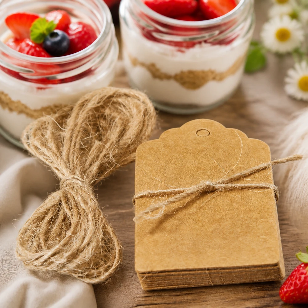 Hanger 30 x 50 mm met koord (pakket(ten) van 10 stuks) Bruine kraftpapieren labels met koord als cadeaudecoratie naast dessertglazen met bessen op een houten tafel