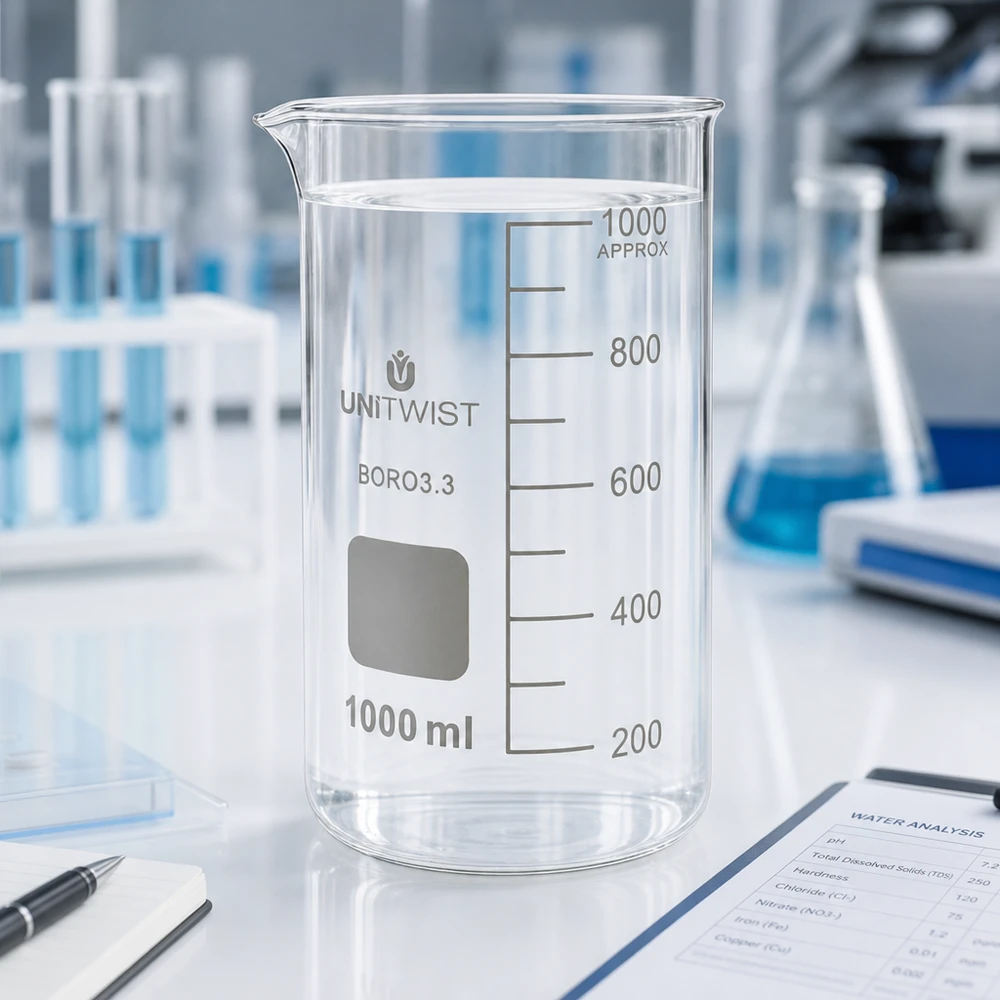 Beker 1000ml borosilicaat, hoge vorm UNITWIST Leeg UNITWIST-laboratoriumglas van 1000 ml, hoog model, borosilicaat 3.3, met uitgietmond op een witte laboratoriumtafel