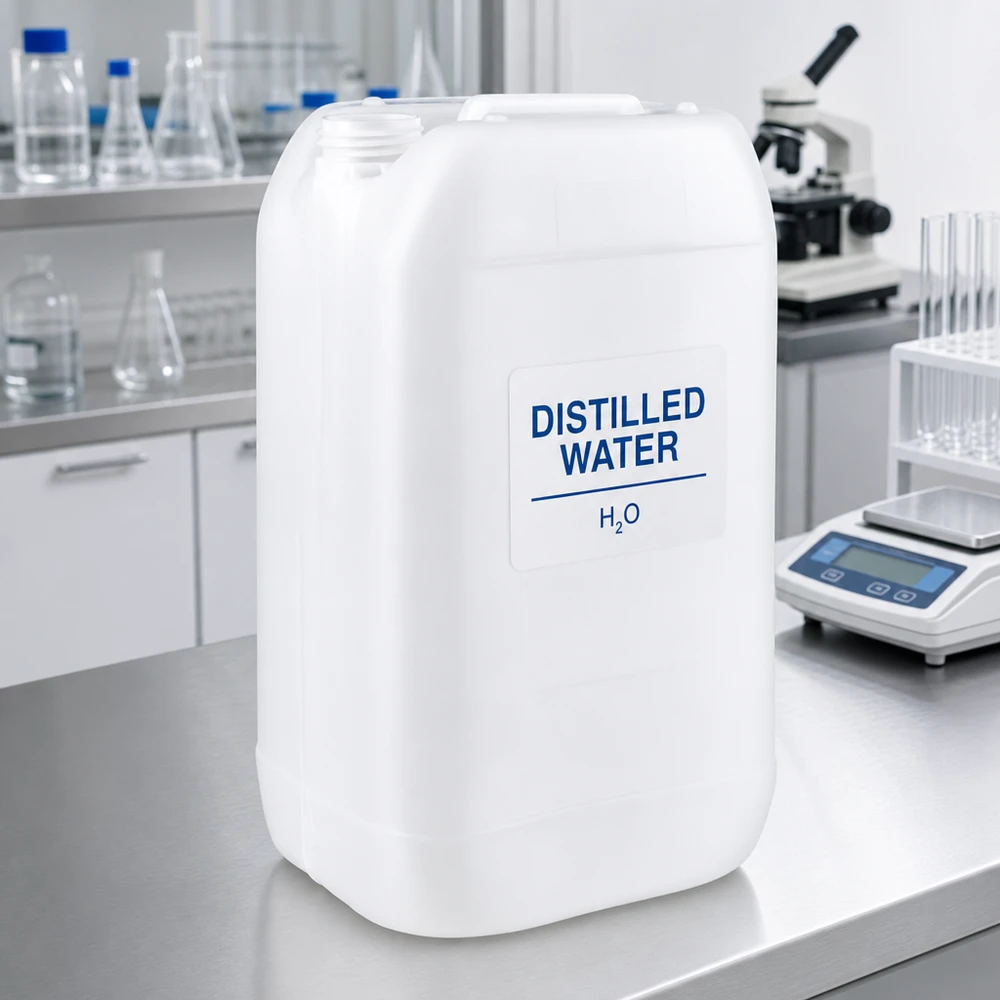 Jerrycan van 15 liter zonder dop, met H2O-etiket, voor gedestilleerd water in een laboratoriumomgeving