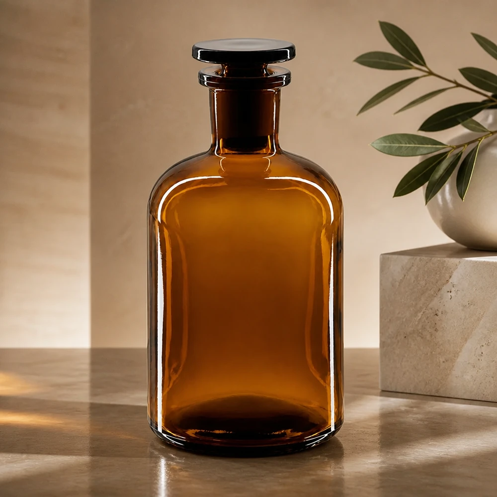 Apothekersfles 250 ml nauwe hals bruin glas incl. glazen stop Fles met ronde schouders, 250 ml, bruin glas, smalle hals, glazen stop, voor laboratoriummonsters en reagentia