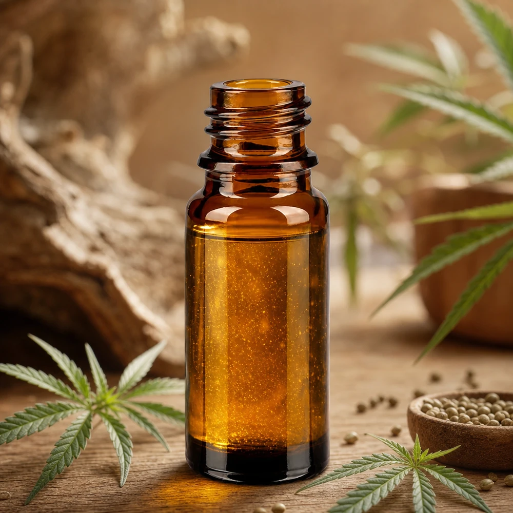 Bruine glazen fles 10ml 10ml bruin apothekersflesje ApoGlas met cannabis extract en hennepzaadjes op een rustieke houten achtergrond