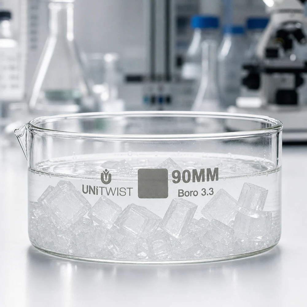 Kristalliseer schaal ø90mm borosilicaatglas UNiTWIST UNiTWIST laboratoriumschaal 90 mm, laag model, Boro 3.3-glas, hittebestendig, helder