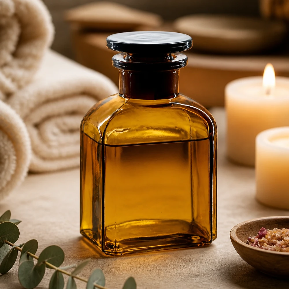 Vierkant-apothekersfles 150 ml wijde hals bruin glas incl. glazen stop Hoogwaardige bruine glazen voorraadfles van 150 ml, vierkant, met brede hals en een platte glazen stop