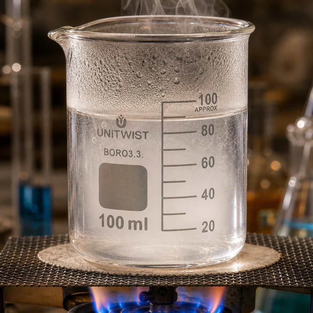 UNiTWIST glazen bekerglas van 100 ml op een draadrooster boven een gasvlam, met maatverdeling