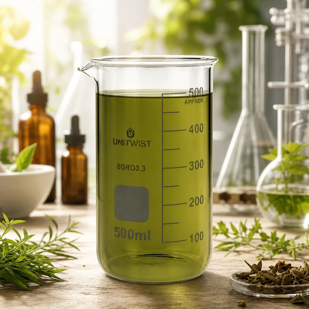 Beker 500ml borosilicaat, hoge vorm UNITWIST Doorzichtig laboratoriumglas van 500 ml, hoog model, gevuld met geelgroen extract op een houten ondergrond
