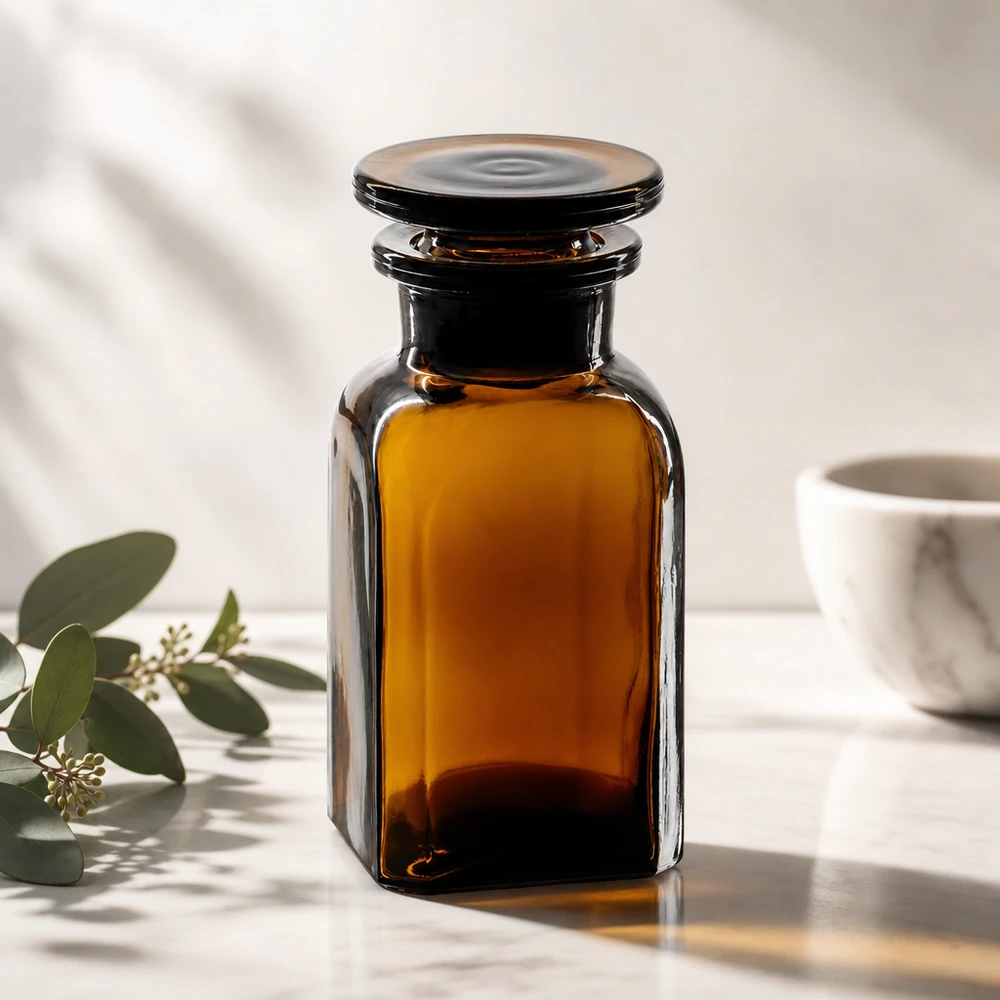 Vierkant-apothekersfles 100 ml wijde hals bruin glas incl. glazen stop Vierkante bruine glazen potjes van 100 ml met brede opening en platte glazen stop