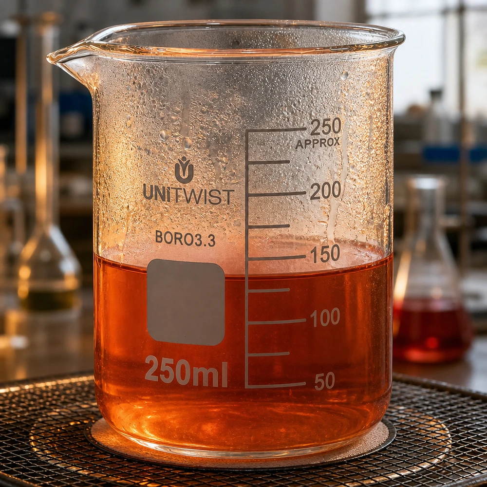 Chemieglas, lage bekervorm van 250 ml met een oranjerode substantie en een nauwkeurige milliliterschaal