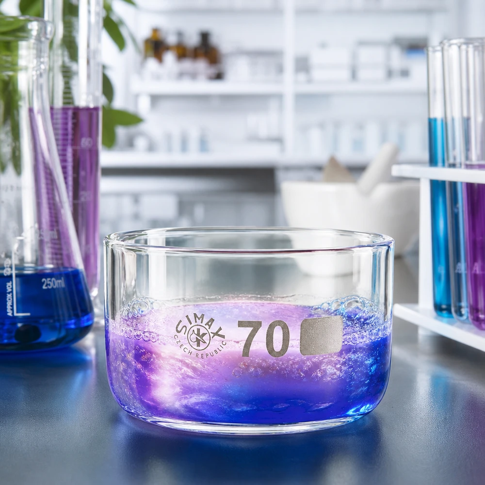 Kristallisatieschaal zonder uitloop 100 ml naast een Erlenmeyer-kolf en reageerbuisjes in het scheikundelaboratorium