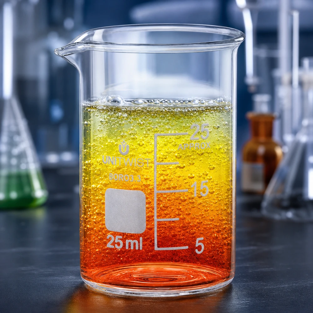 Beker 25ml borosilicaat, lage vorm UNiTWIST UNiTWIST-bekerglas van 25 ml met lage vorm op een donker laboratoriumblad, omringd door laboratoriumapparatuur