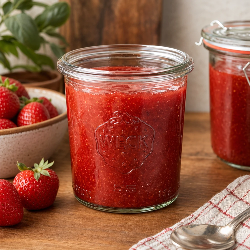 140 ml WECK RR60 pot gevuld met zelfgemaakte aardbeienjam op een houten tafel met verse aardbeien