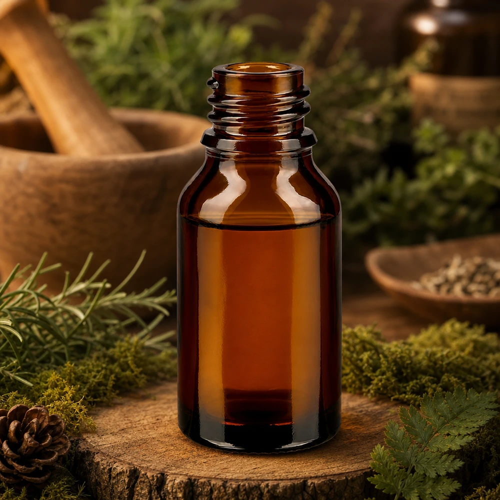 Bruine glazen fles 30ml 30ml bruin ApoGlas apothekersflesje hoge vorm met mos dennenappels natuurlijke cosmetica bos sfeer houten schaaltje