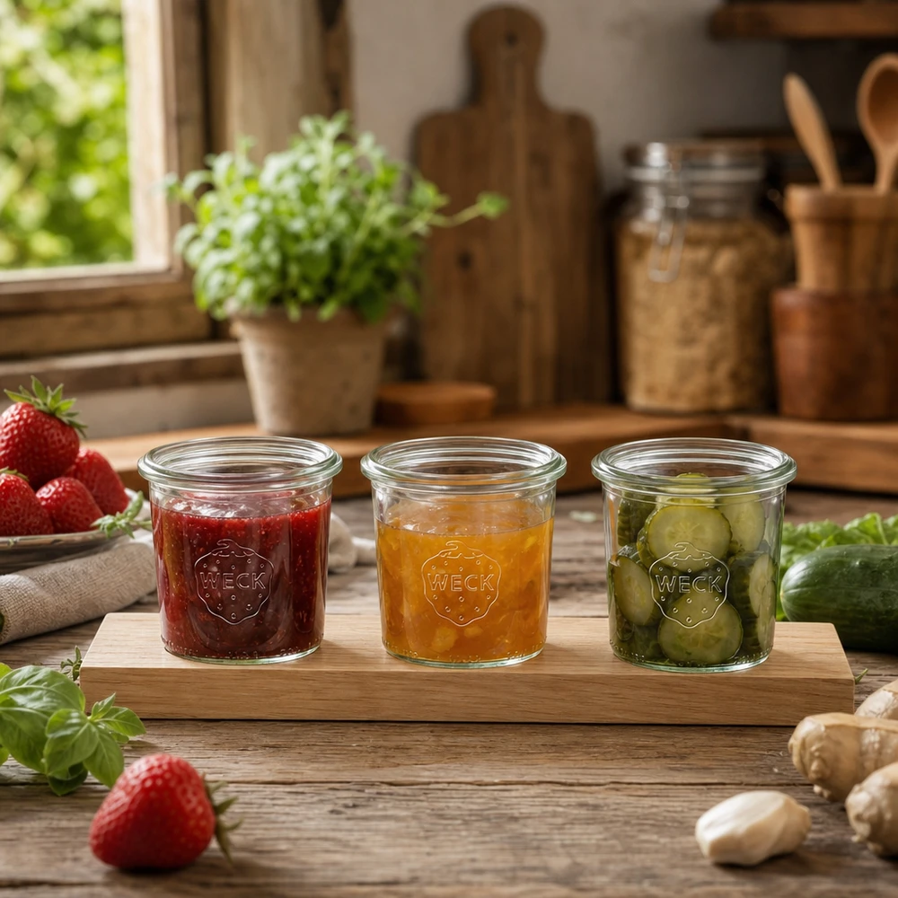 Serveerplank Plano3 met 3 Weck-glazen van 140 ml WECK potjes 140ml op serveerplank met jam en ingemaakte augurken in rustieke keuken met kruiden