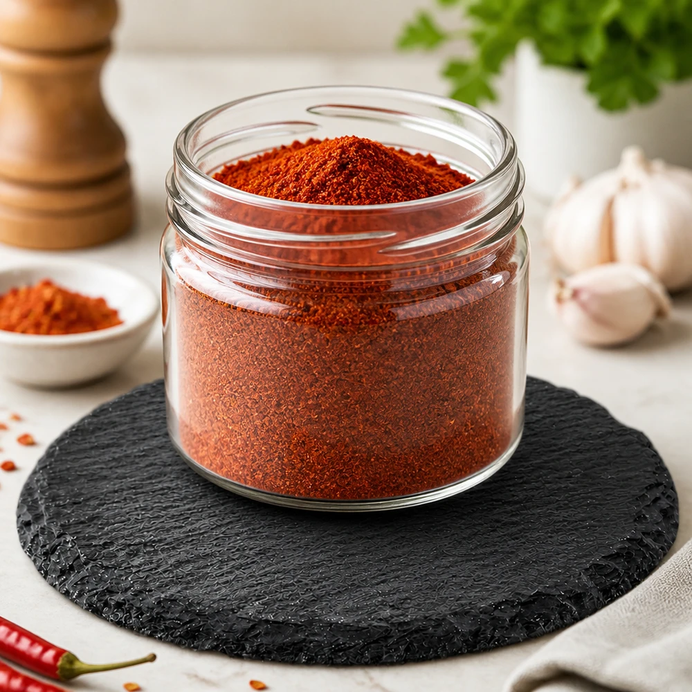 Leistenen dienblad rond Ø 150mm Rond leistenen bord 15cm met rood kruidenpoeder in een glazen potje en knoflook als elegante kruidenpresentatie